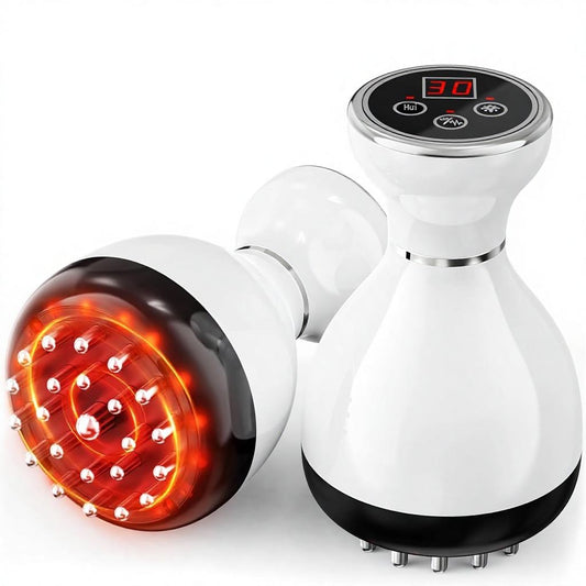 Cellnce LumaSculpt cordless red light body massager shown from two angles, copper massage head lit