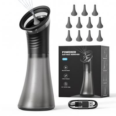 Cellnce EarFlow E80 electric ear cleaner with 11 replacement tips, retail box and USB C cable on a white background