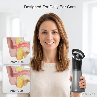 Woman holding the Cellnce EarFlow E80, with before use and after use ear canal illustrations