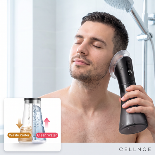 Man using the Cellnce EarFlow E80 ear cleaner in the shower, with an inset showing the clean water and waste water chambers